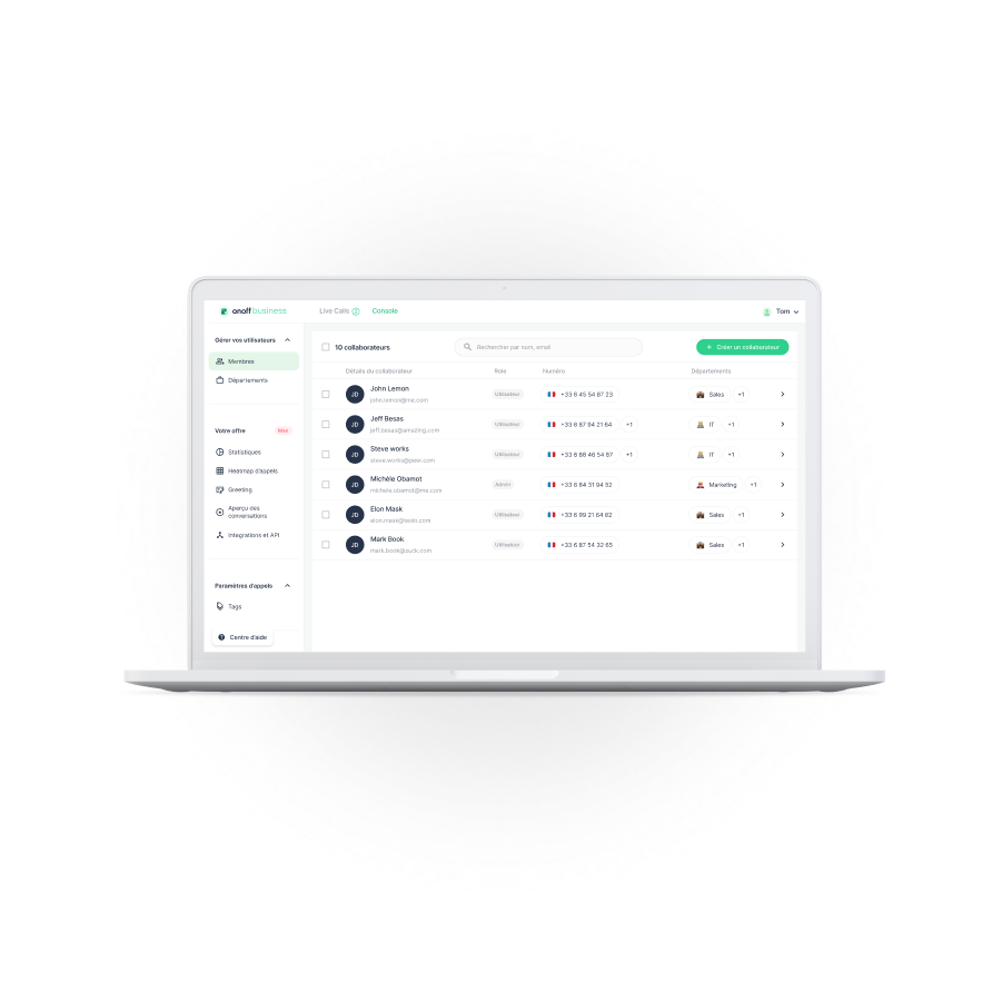 Plateforme d'administration Onoff Business