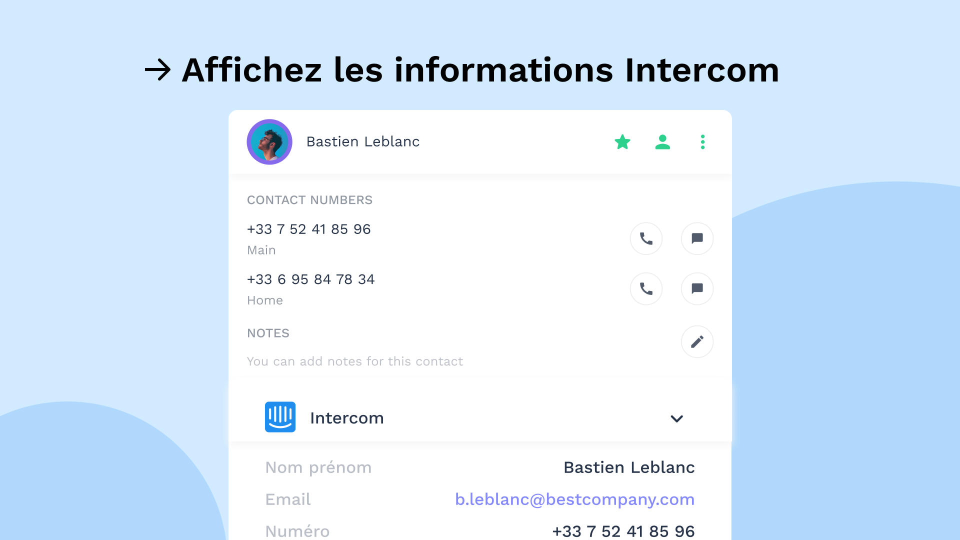 Intégration Intercom avec Onoff Business-Affichez les informations Intercom de vos contacts