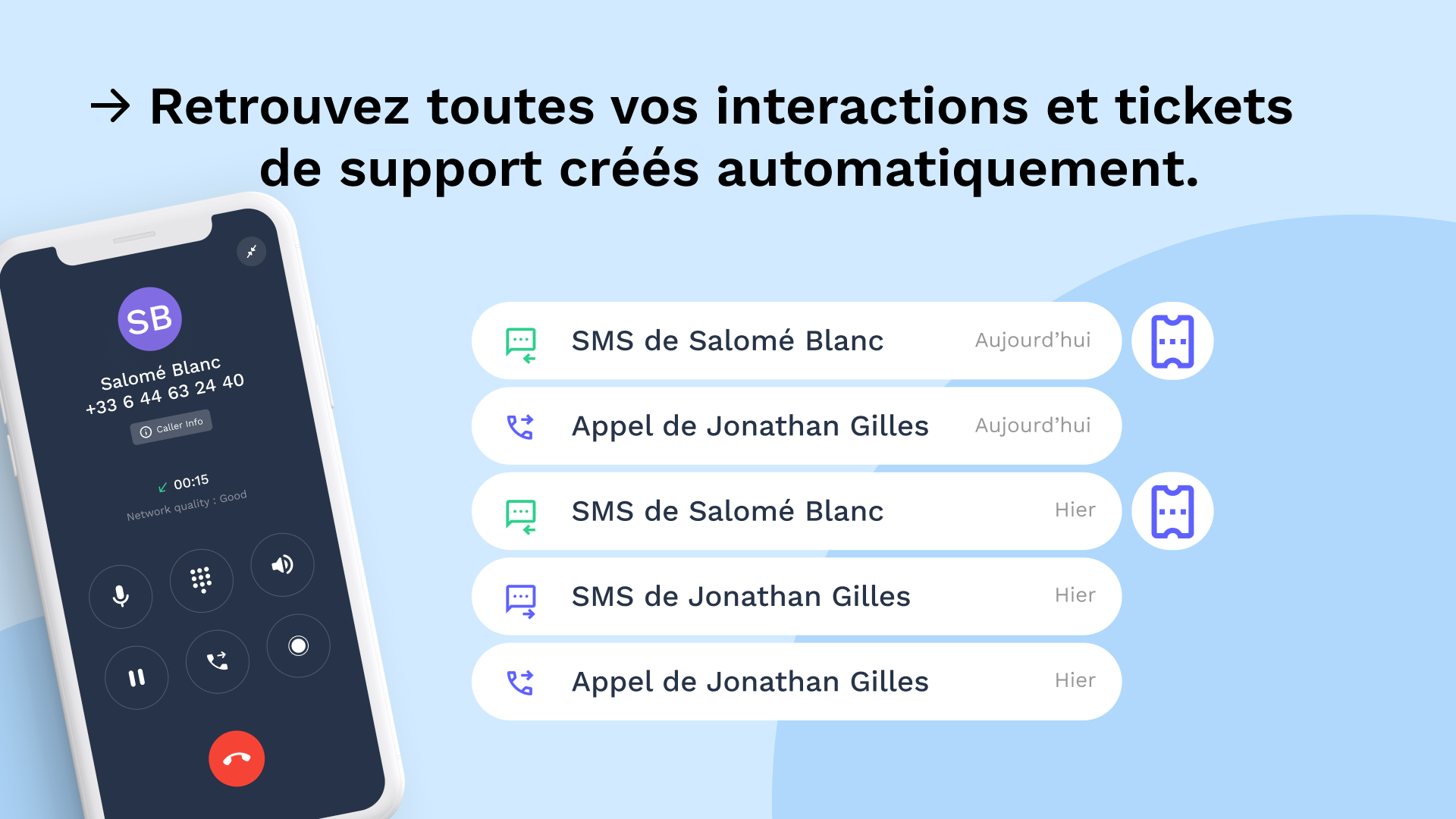 Integration Intercom avec onoff business - Historique des interactions et tickets support automatiquement créés 