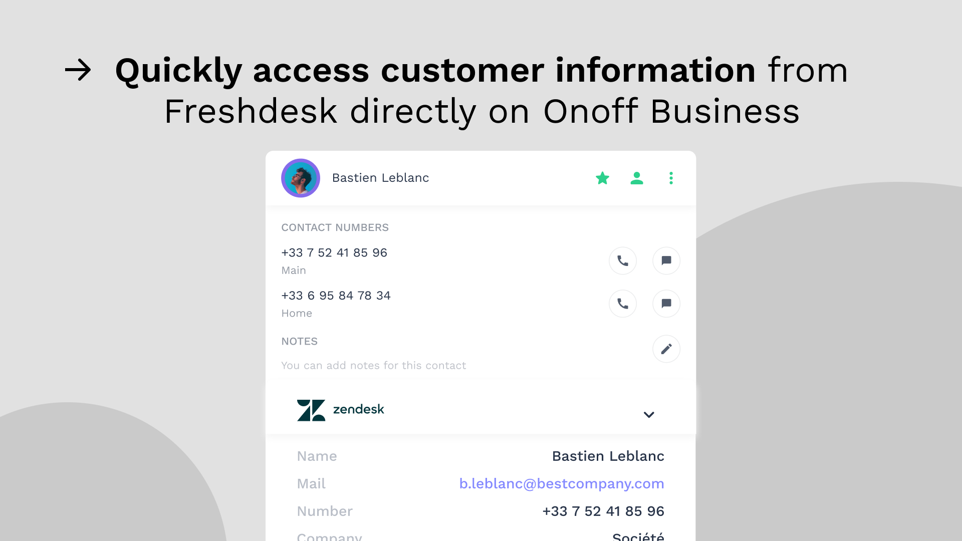 Zendesk Support integration with Onoff Business-Quick access to customer information