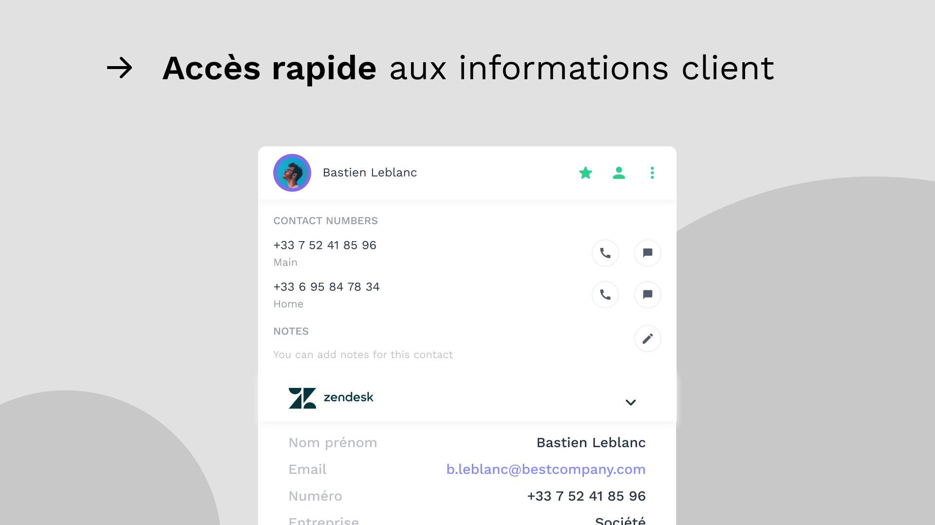 intégration Zendesk Support avec Onoff Business-Acces rapide aux infos client